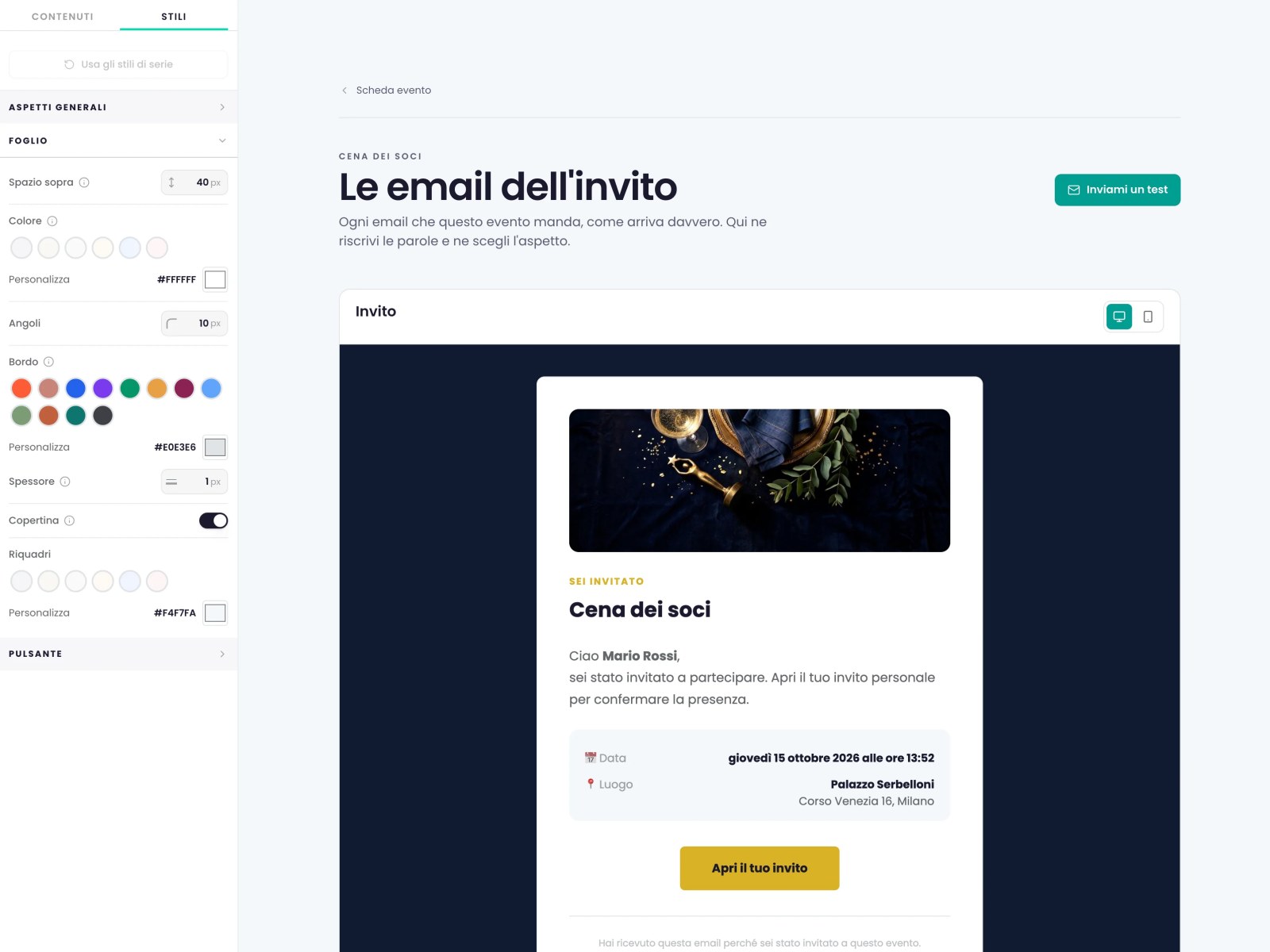 La scheda «Stili»: i colori del fondo e del foglio, gli angoli, il bordo, la copertina e il pulsante delle email, con l'anteprima accanto.