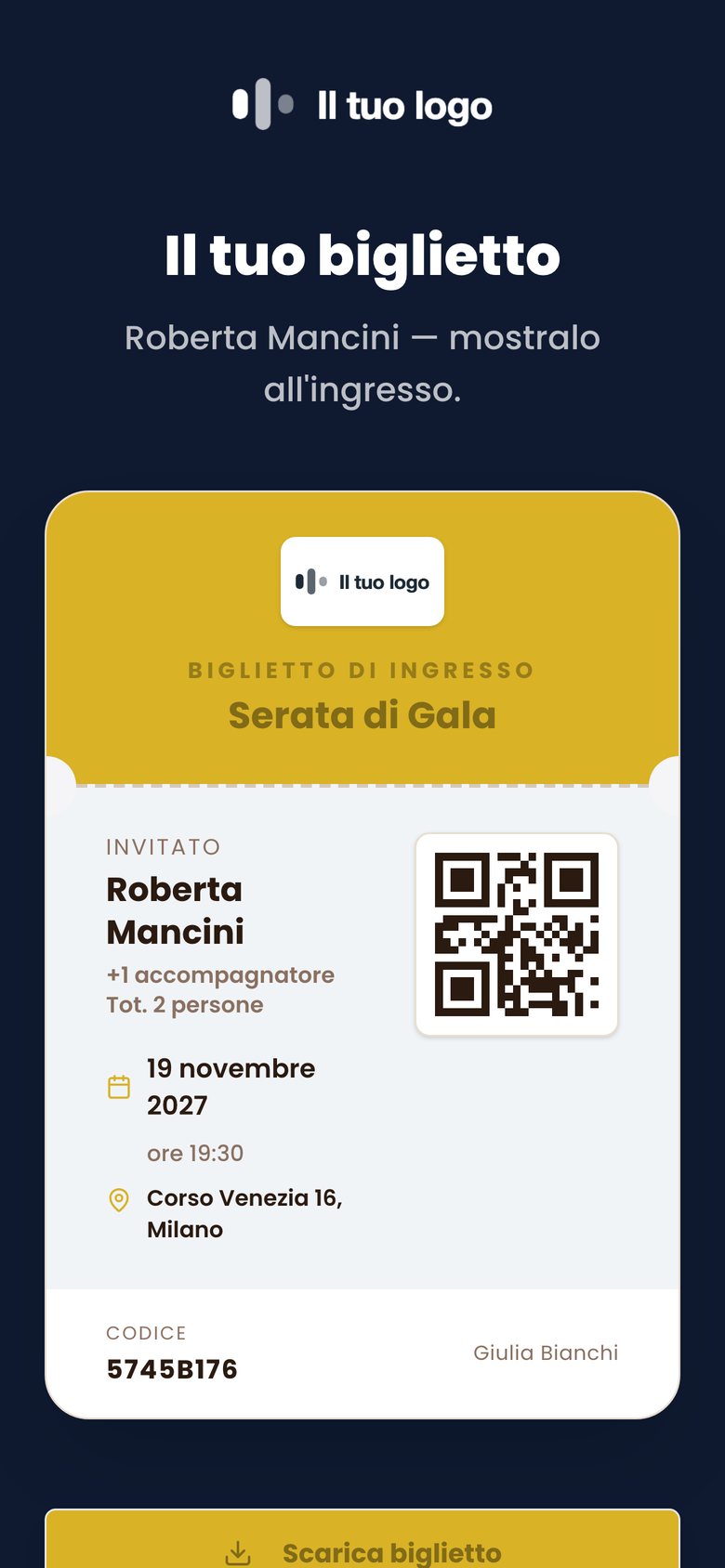 Il biglietto sul telefono dell'invitato: nome, data, luogo, il QR e il codice.
