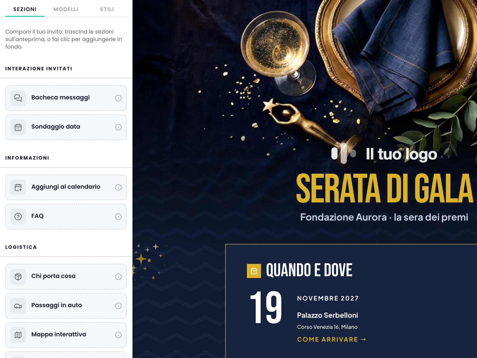 Il passo «Anteprima e stile»: a sinistra il catalogo delle sezioni, a destra l'invito.
