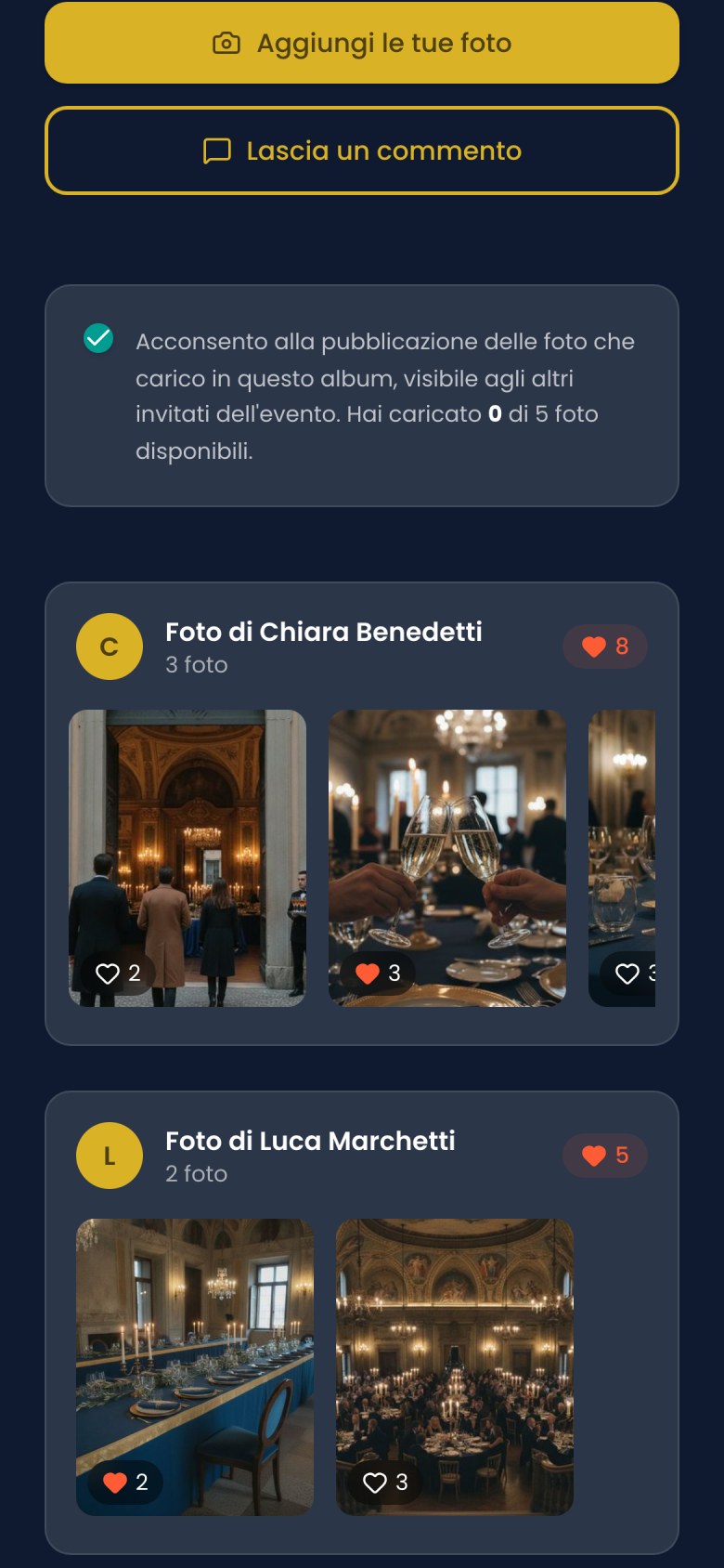 Lo stesso album sul telefono di un invitato, con i pulsanti per aggiungere le foto e lasciare un commento.