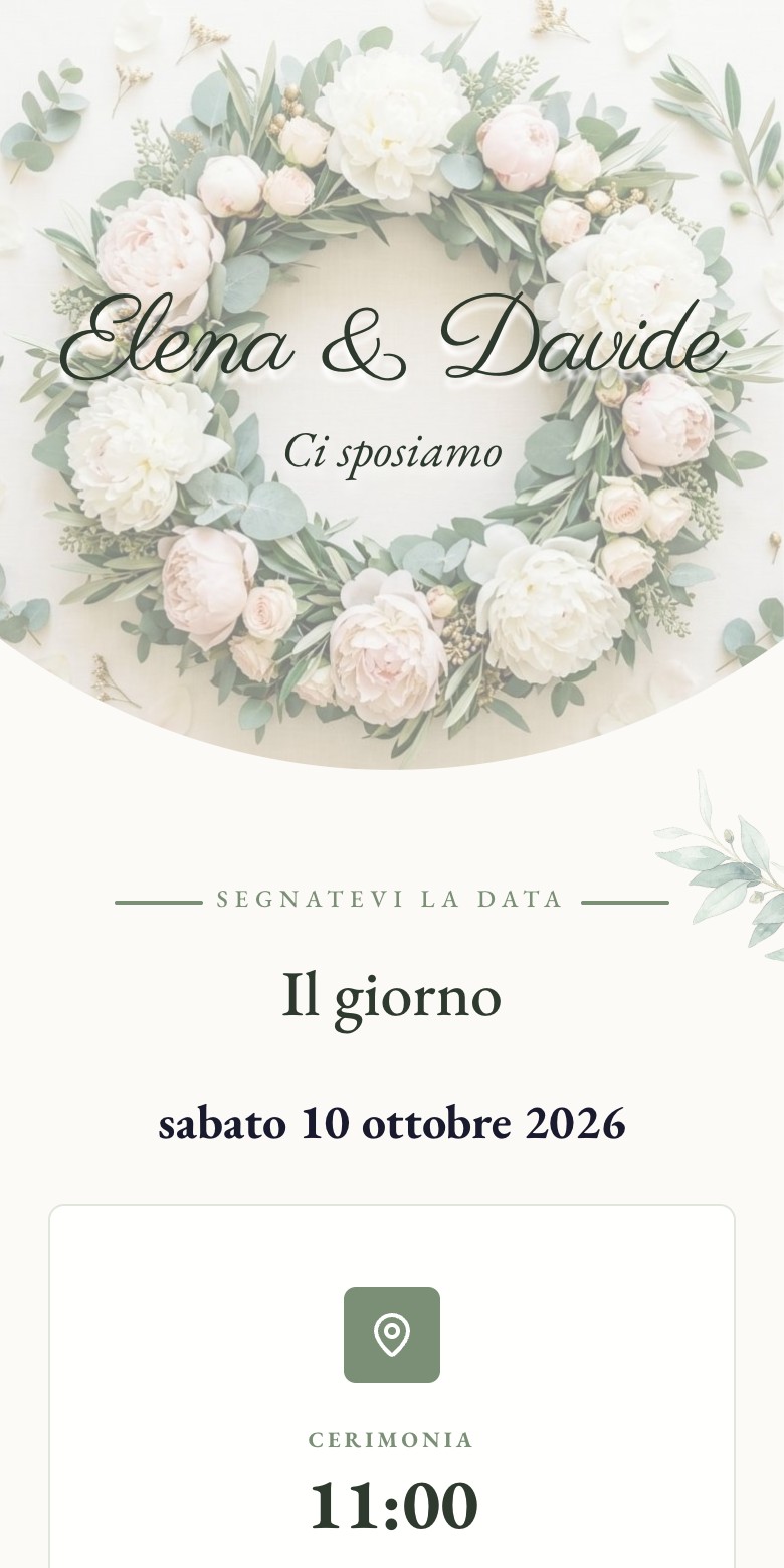 L'inizio di un invito di nozze sul telefono: «Elena & Davide, ci sposiamo», in una ghirlanda di peonie.