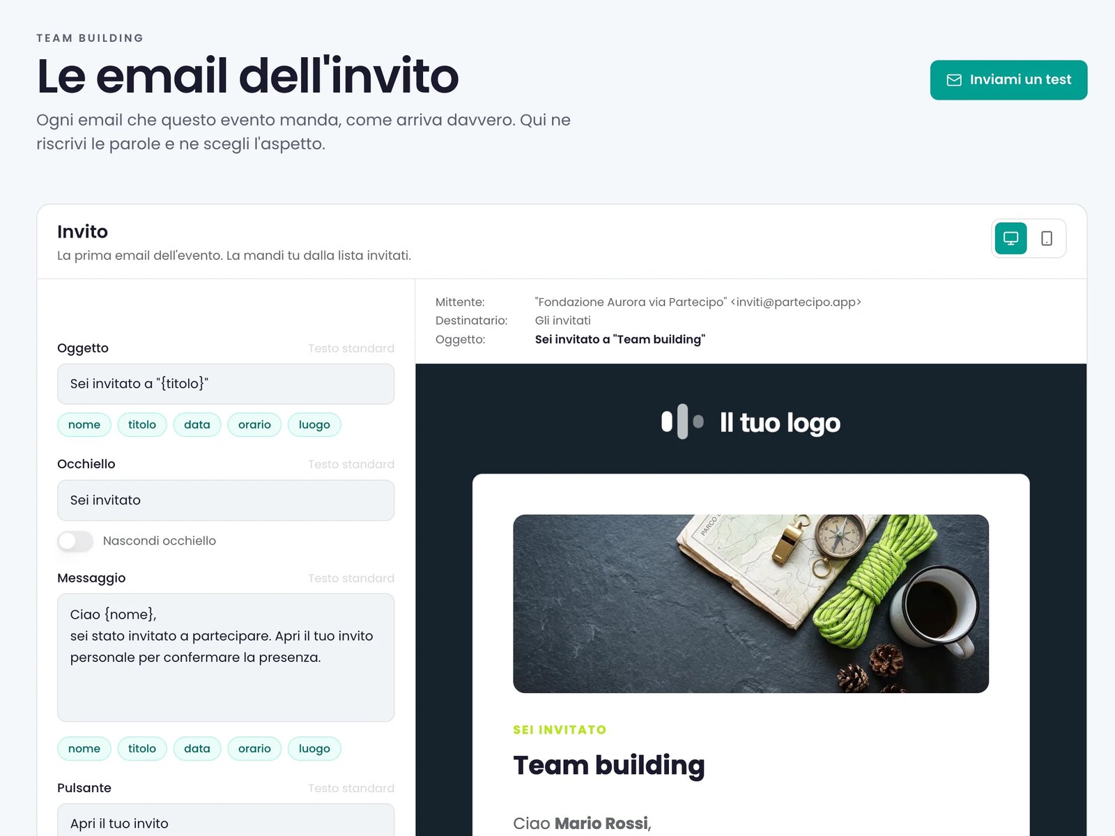 La scheda «Contenuti» delle email: i testi dell'invito da riscrivere e, accanto, l'anteprima con il mittente «Fondazione Aurora via Partecipo» e il logo in testa all'email.