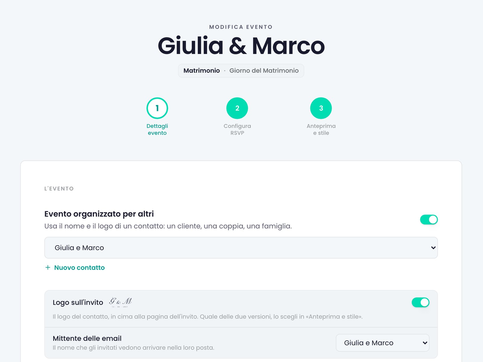 «Dettagli evento» di «Giulia & Marco»: «Evento organizzato per altri» acceso, il cliente scelto, «Logo sull'invito» con il monogramma e il «Mittente delle email».