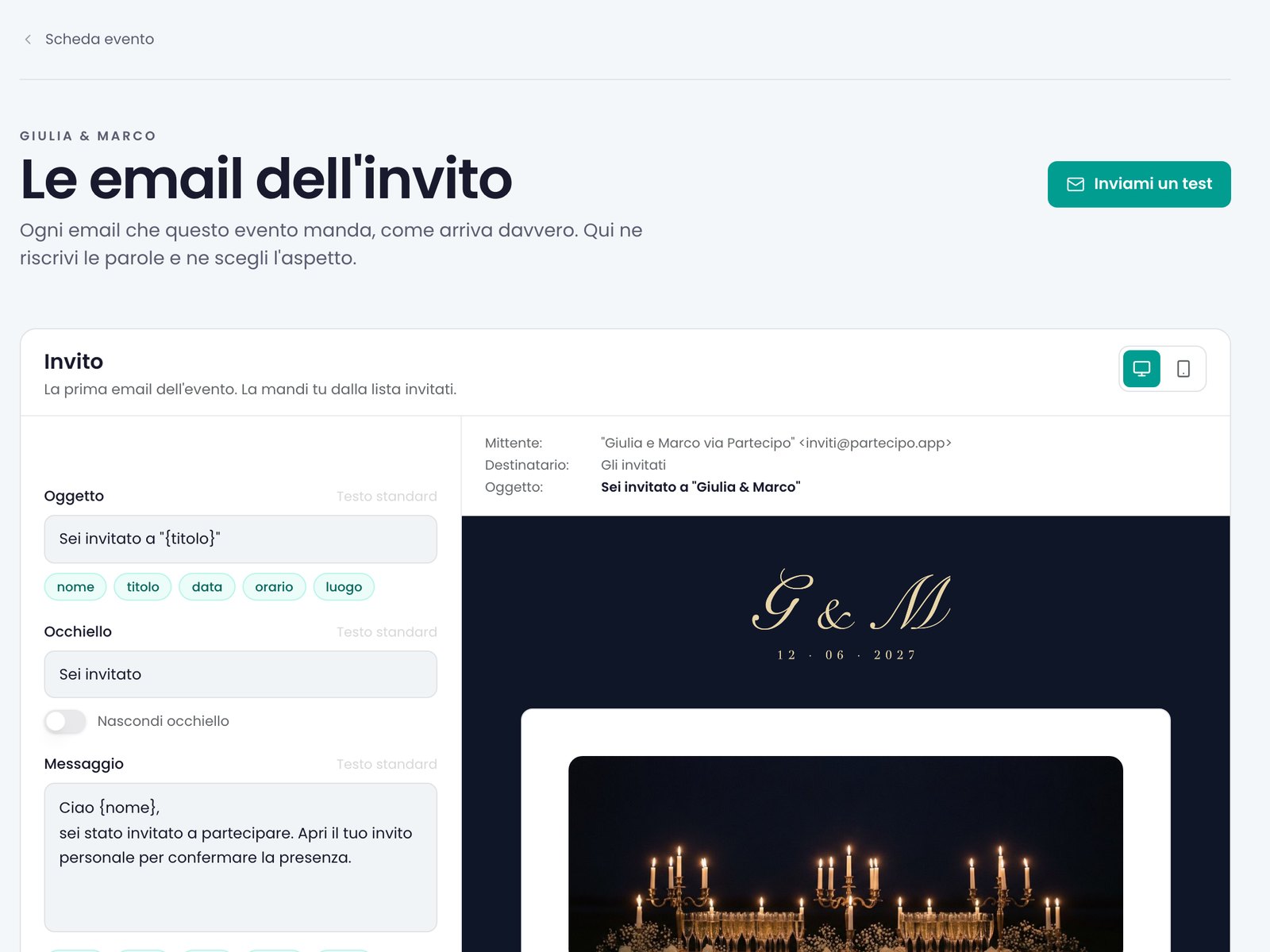 «Le email dell'invito» di Giulia e Marco: il mittente «Giulia e Marco via Partecipo» e il monogramma in testa all'email.