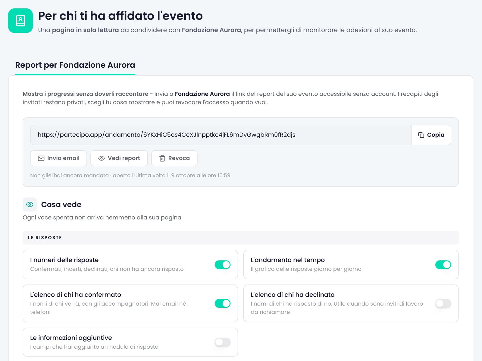 «Per chi ti ha affidato l'evento»: il link della pagina con «Copia», «Invia email», «Vedi report» e «Revoca», e gli interruttori di «Cosa vede».