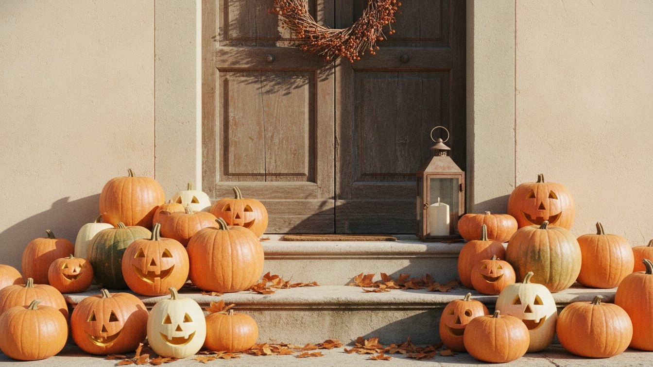 La porta di legno di una casa di campagna in un pomeriggio d'ottobre, con una coroncina di rami secchi; sui gradini, zucche intagliate con facce sorridenti e una lanterna.